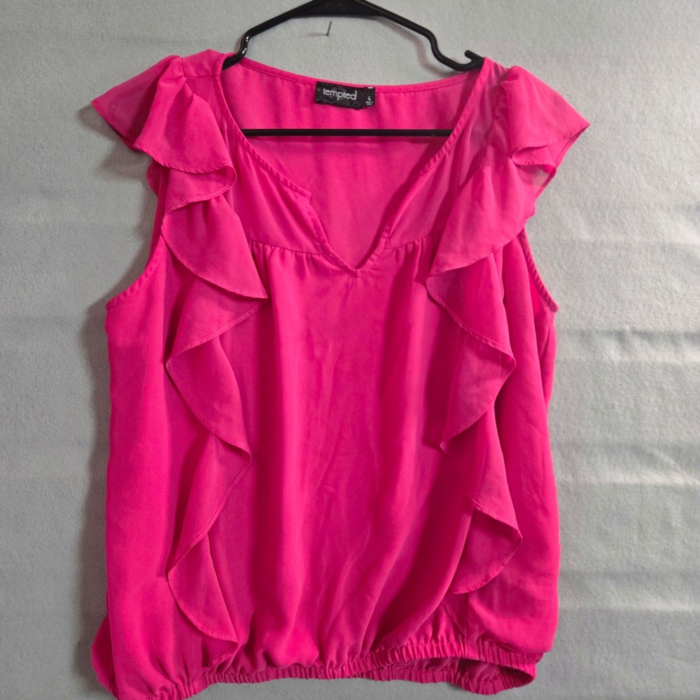 Hot Pink Ruffle V-Neck Sleeveless Blouse with Elastic Bubble Hem Top Size L